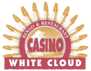 Casino White Cloud logo featuring a red circular emblem with 'CASINO' in bold letters, 'BINGO & BUFFET' in white text above, and a sunburst of golden feathers behind it. A red banner below displays 'WHITE CLOUD' in white uppercase letters.