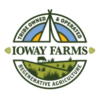 Ioway Farms logo featuring a tipi, grazing cow, and landscape, with the phrases 'Tribe Owned & Operated' and 'Regenerative Agriculture,' highlighting the farm's commitment to sustainable and tribal-owned farming practices.