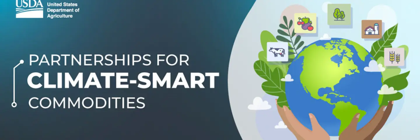 USDA Partnerships for Climate-Smart Commodities graphic showing hands holding the Earth surrounded by agriculture-related icons, including trees, crops, livestock, and barns.