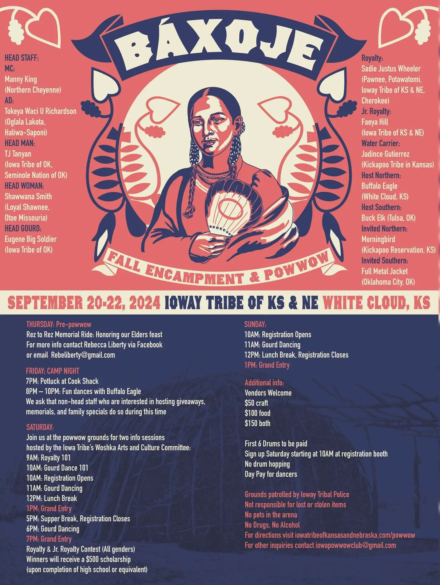 Promotional flyer for the Báxoje Fall Encampment and Powwow, taking place from September 20-22, 2024, in White Cloud, Kansas, hosted by the Ioway Tribe of Kansas and Nebraska. The flyer features a red, blue, and beige illustration of a Native American woman holding a fan, surrounded by floral designs. It lists head staff members, royalty, water carriers, and various roles, including MC Manny King (Northern Cheyenne), AD Tokeya Waci U Richardson (Oglala Lakota, Haliwa-Saponi), and head man TJ Tanyan (Iowa Tribe of OK, Seminole Nation of OK). The event schedule includes activities like a pre-powwow elder feast, gourd dancing, a potluck, workshops on powwow protocol, grand entry, and royalty contests. Vendors are welcome, with booth fees listed at $50 for crafts, $100 for food, and $150 for both. Additional details include registration information, no pets or alcohol policies, and safety notes with the event being patrolled by Ioway Tribal Police.