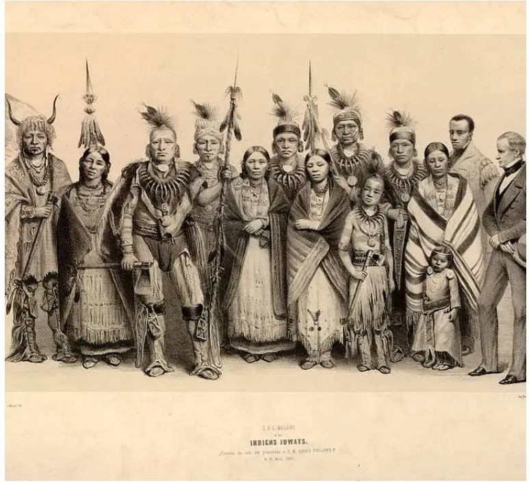 Historical illustration of Iowa Tribe members in traditional regalia alongside two Western officials, titled 'Indiens Ioways,' showcasing traditional Native American attire and cultural representation.