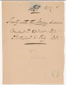 A handwritten note titled "Treaty with the Ioway Indians," stating the treaty was concluded on November 23, 1837, and ratified on February 21, 1838, with additional notations and markings on the page.