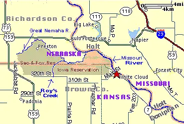 Map showing the Iowa Tribe of Kansas and Nebraska Reservation located at the intersection of Kansas, Nebraska, and Missouri, highlighting surrounding landmarks such as the Missouri River, White Cloud, and nearby counties.