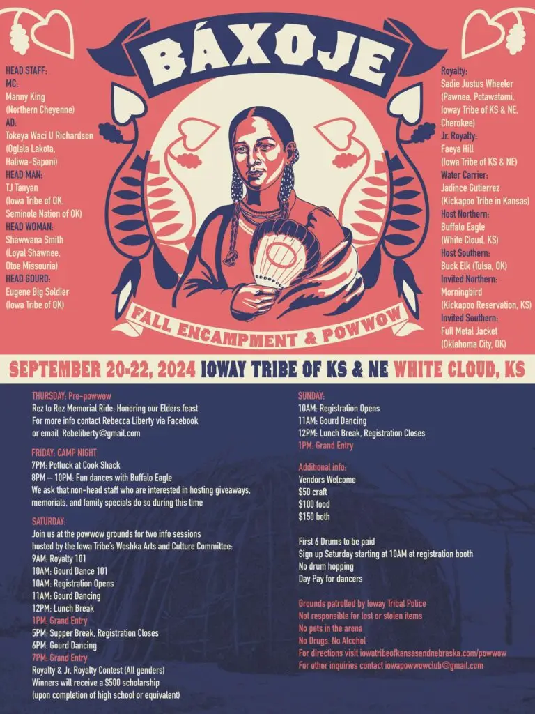 Flyer for the Báxoje Fall Encampment & Powwow, September 20-22, 2024, in White Cloud, Kansas, featuring event details, schedules, head staff, royalty, and additional information.