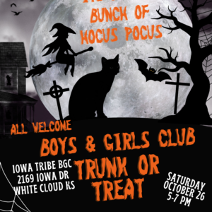 A Halloween-themed event flyer featuring a full moon background with a witch on a broomstick, a black cat, a bat, and a spooky house. The flyer promotes a "Trunk or Treat" event hosted by the Boys & Girls Club, with details about the location and time.