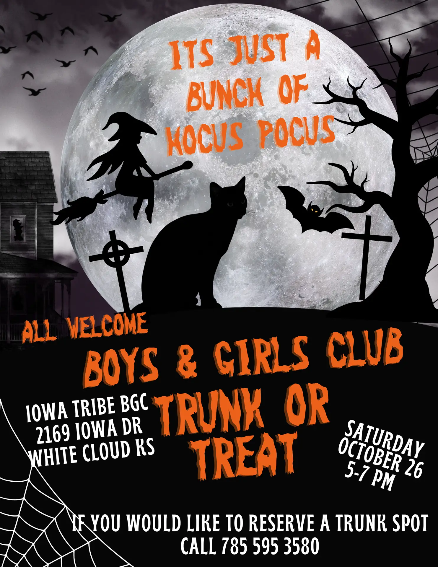 A Halloween-themed event flyer featuring a full moon background with a witch on a broomstick, a black cat, a bat, and a spooky house. The flyer promotes a "Trunk or Treat" event hosted by the Boys & Girls Club, with details about the location and time.