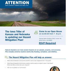 Flyer for a Hazard Mitigation Workshop. The flyer announces an upcoming event focused on hazard mitigation strategies, aimed at enhancing community resilience and preparedness for natural disasters. RSVP is required, with contact information provided for Jolene Walters (jwalters@iowas.org) and Jason Pockrus (jpockrus@iowas.org) for further inquiries or registration. The flyer includes event date, location, and time, with a design incorporating safety and preparedness-themed graphics.