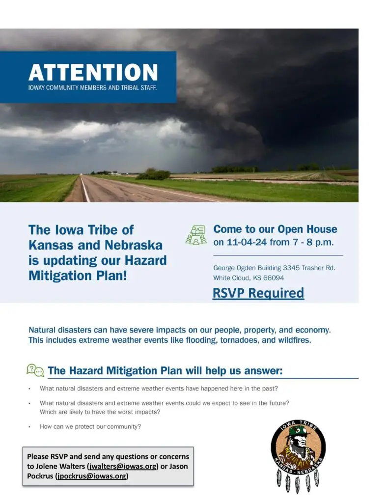 Flyer for a Hazard Mitigation Workshop. The flyer announces an upcoming event focused on hazard mitigation strategies, aimed at enhancing community resilience and preparedness for natural disasters. RSVP is required, with contact information provided for Jolene Walters (jwalters@iowas.org) and Jason Pockrus (jpockrus@iowas.org) for further inquiries or registration. The flyer includes event date, location, and time, with a design incorporating safety and preparedness-themed graphics.