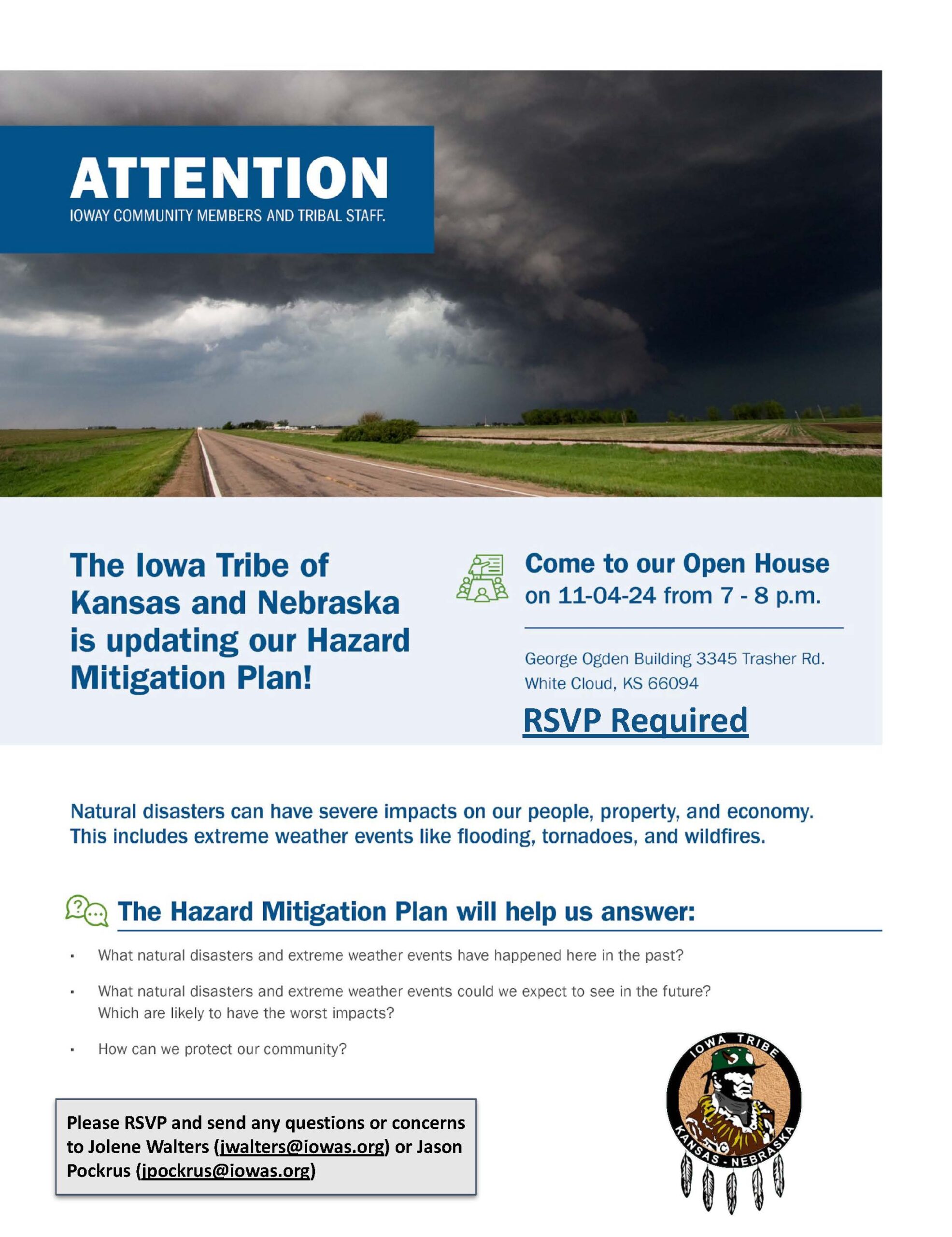 Flyer for a Hazard Mitigation Workshop. The flyer announces an upcoming event focused on hazard mitigation strategies, aimed at enhancing community resilience and preparedness for natural disasters. RSVP is required, with contact information provided for Jolene Walters (jwalters@iowas.org) and Jason Pockrus (jpockrus@iowas.org) for further inquiries or registration. The flyer includes event date, location, and time, with a design incorporating safety and preparedness-themed graphics.