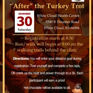 Flyer for a community event titled 'After the Turkey Trot,' featuring event details including registration time, activity description, and contact information.