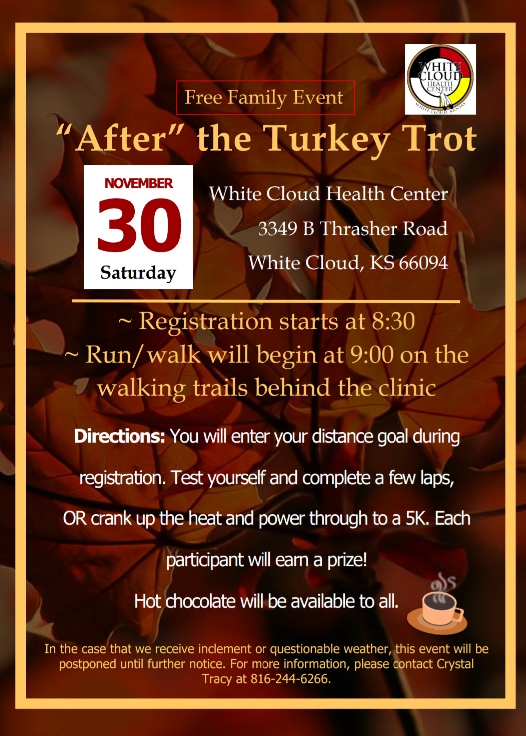 Flyer for a community event titled 'After the Turkey Trot,' featuring event details including registration time, activity description, and contact information.