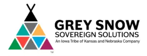 A logo for Grey Snow Sovereign Solutions, an Iowa Tribe of Kansas and Nebraska company. The logo features a stylized tipi composed of colorful triangular sections in green, red, black, gray, teal, and yellow, arranged in a pyramid shape. To the right of the tipi, the text reads: "GREY SNOW SOVEREIGN SOLUTIONS" in bold letters, with the tagline "An Iowa Tribe of Kansas and Nebraska Company" below it.