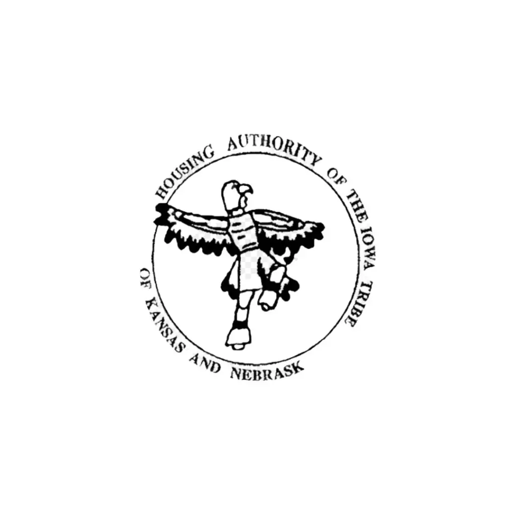 Logo of the Housing Authority of the Iowa Tribe of Kansas and Nebraska, featuring a traditional Native American dancer in regalia, with the address '117 North T St., White Cloud, Kansas 66094' below.