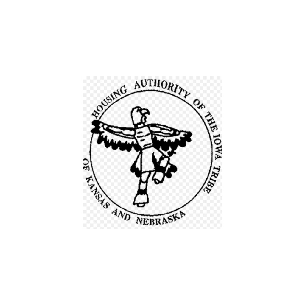 Logo of the Housing Authority of the Iowa Tribe of Kansas and Nebraska, featuring a traditional Native American dancer in regalia, with the address '117 North T St., White Cloud, Kansas 66094' below.