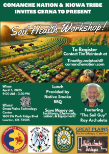 Flyer for the Soil Health Workshop presented by Comanche Nation, Kiowa Tribe, and CERNA, scheduled for April 7, 2025, featuring Ray Archuleta 'The Soil Guy,' with lunch by Native Smoke BBQ at Great Plains Technology Center in Lawton, OK.