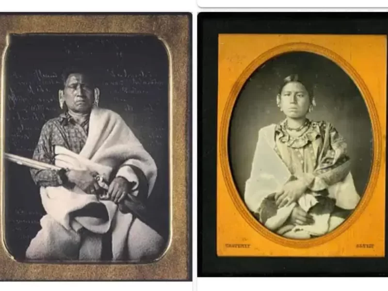 Historical portraits of two Native American individuals, on the left Chief No Heart of Fear holding a rifle and the other Mahee's wife Circling Above wearing traditional attire, framed in ornate gold and black, possibly daguerreotypes from the 19th century